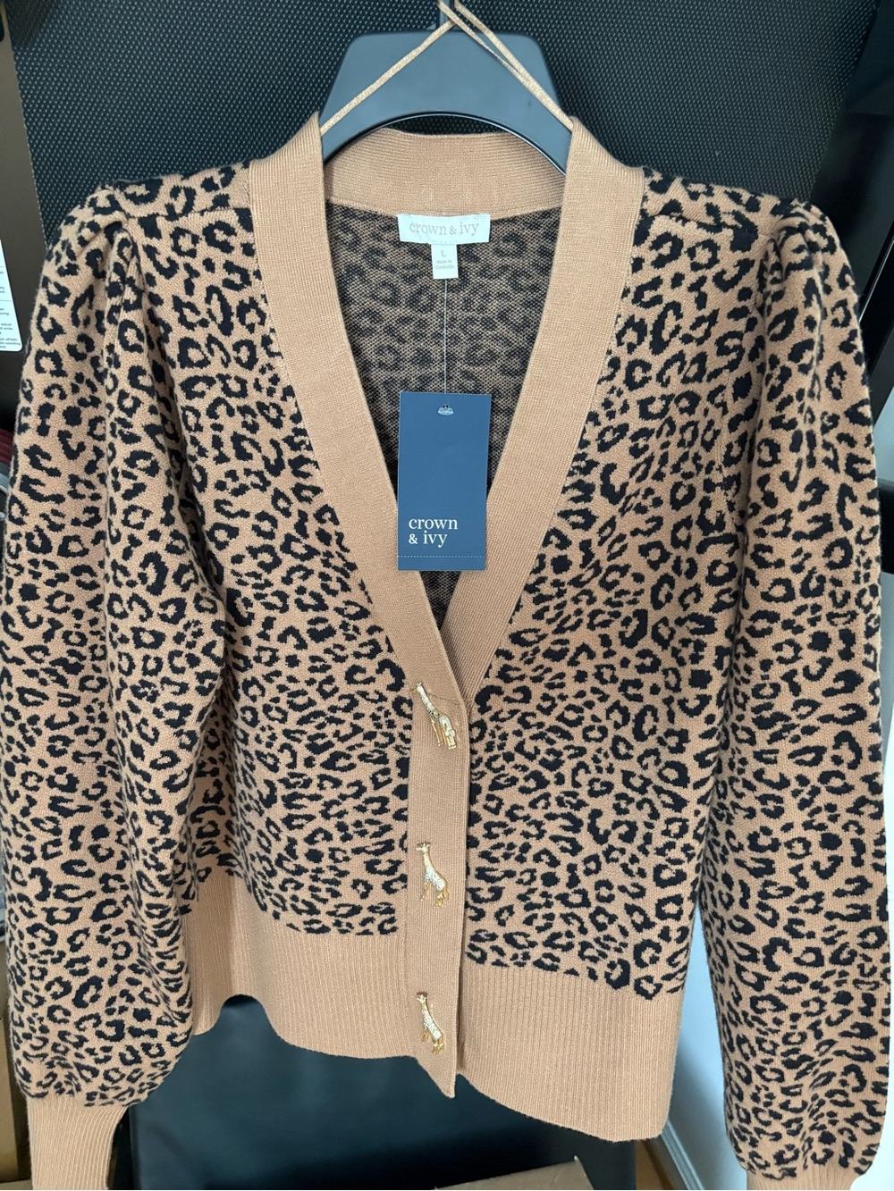 crown & ivy Tan and Black Leopard-Print Cardigan